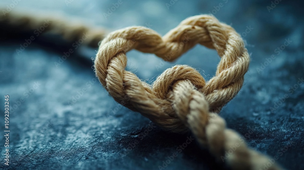Fototapeta premium Rope tied in a knot forming a heart shape, symbolizing love