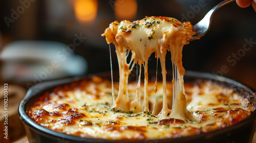 up-close view of cheesy lasagna being lifted with a fork, emphasizing the stringy texture