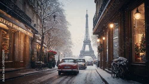 A street in Paris under the snow in winter, Eiffel tower in the background, Christmas in Paris illustration imagined by AI
