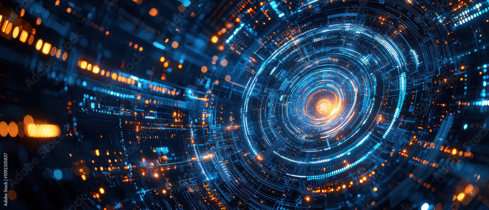 Obraz premium vibrant digital vortex with glowing blue and orange lights creates futuristic and dynamic atmosphere, symbolizing technology and innovation