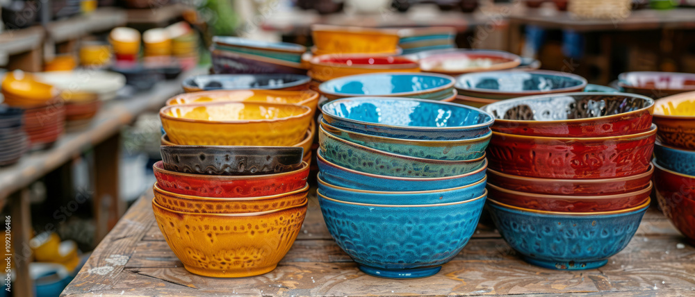 A table at an outdoor garage sale displays colorful plates and bowls, with other tables in the background. A table at an outdoor garage sale displays colorful plates and bowls, with other tables in the background.
