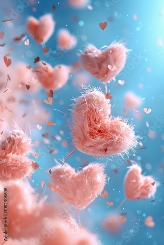 Pink hearts made of fur fly in the sky, creating a romantic atmosphere against a bright, pastel-colored blue sky for Valentine's Day celebration, with white space on top.