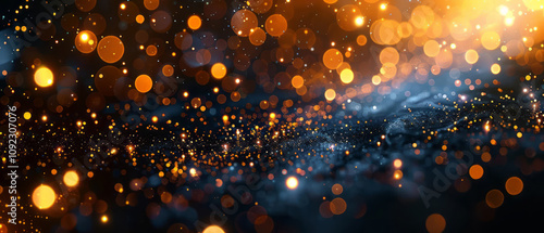 Golden bokeh lights and sparkles adorn the left side of a dark backdrop, creating an elegant and festive atmosphere for holiday or celebration themes. photo