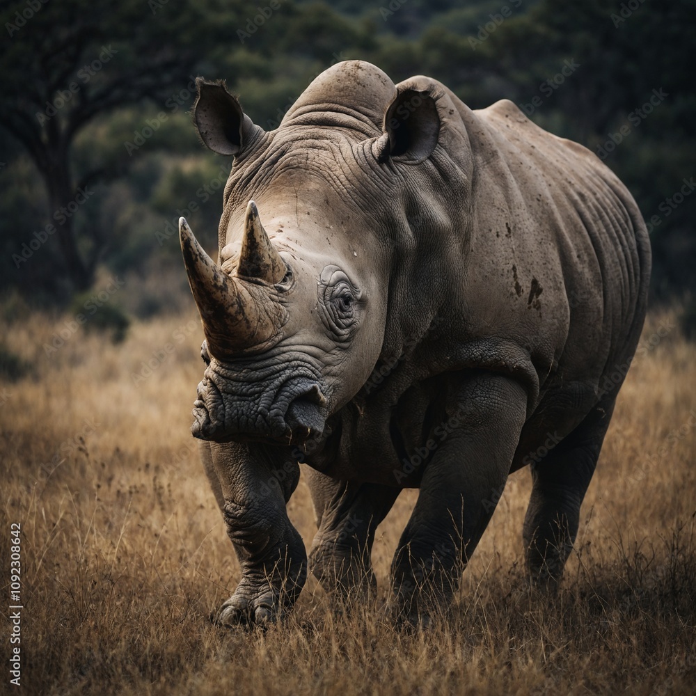 Obraz premium A rhino is a large, herbivorous mammal known for its thick skin and one or two horns made of keratin. Native to Africa and Asia, rhinos are typically found in savannas, grasslands, and forests. 