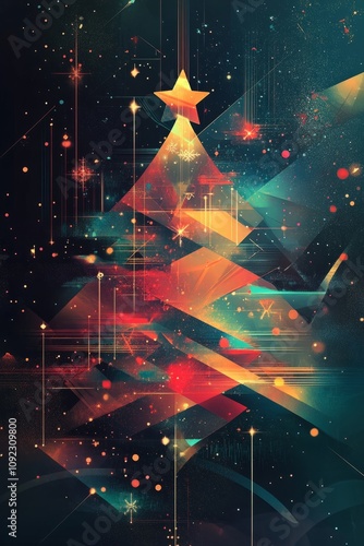 Modern, abstract christmas tree design with geometric shapes, glowing lights, snowflakes, and a starry space background, vertical