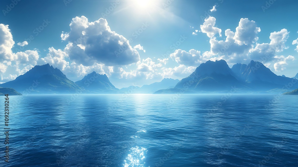 Expansive seascape of the sparkling blue ocean, with rugged mountain peaks lining the horizon. The sky is bright, filled with scattered clouds, casting shadows on the water, photorealistic style, Expansive seascape of the sparkling blue ocean, with rugged mountain peaks lining the horizon. The sky is bright, filled with scattered clouds, casting shadows on the water, photorealistic style,