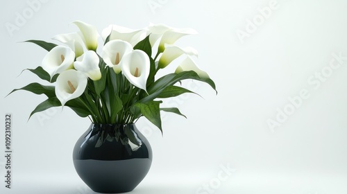 White calla lilies in black vase.