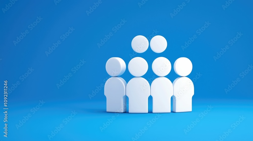 Minimalist 3D render of five white figures symbolizing a team, group, or community against a solid blue background. Minimalist 3D render of five white figures symbolizing a team, group, or community against a solid blue background.