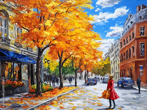 Beautiful autumn street scene featuring a woman in a red coat walking among colorful foliage photo