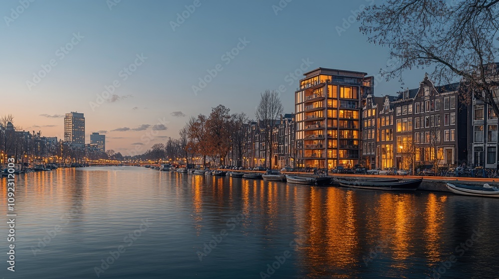 Fototapeta premium A serene evening view of Amsterdam's canals, showcasing illuminated buildings and reflections.