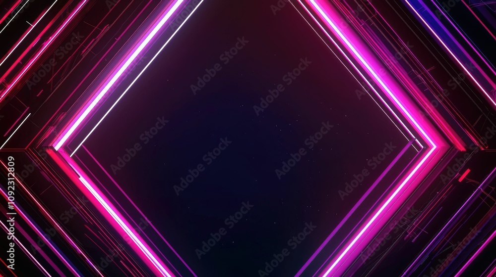 Obraz premium Abstract neon glowing pink and purple diamond frame on dark background.