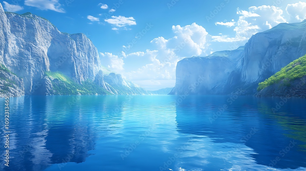 Fototapeta premium Majestic seascape of the crystal-clear azure waters, perfectly reflecting the towering cliff sides. The sky features a vibrant blue hue, with gentle, wispy clouds drifting by, photorealistic lighting,