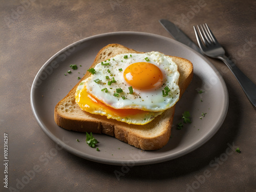 Morning breakfast, half fried egg and bread toast served in a plate 