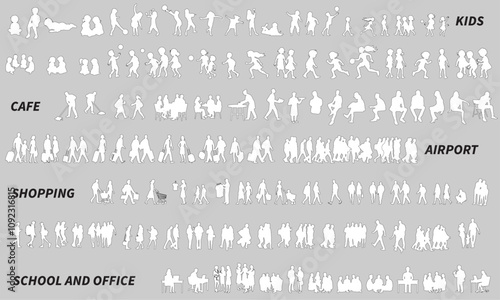 Architectural Drawings people vector illustration, top view, human person Minimal style hand drawn. Sections, Elevations, Floor Plans.