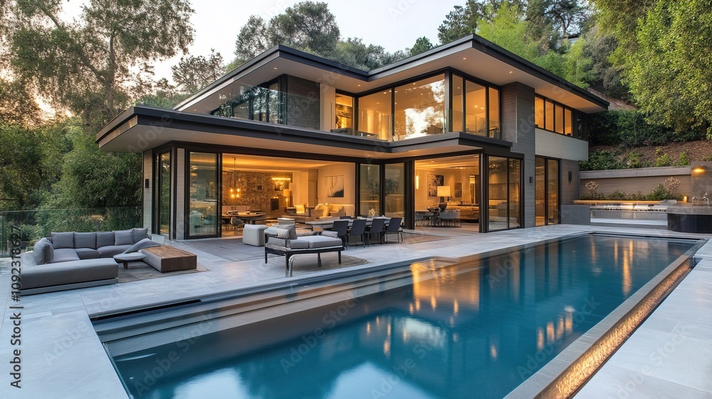 Modern luxury home with a pool and outdoor seating Modern luxury home with a pool and outdoor seating