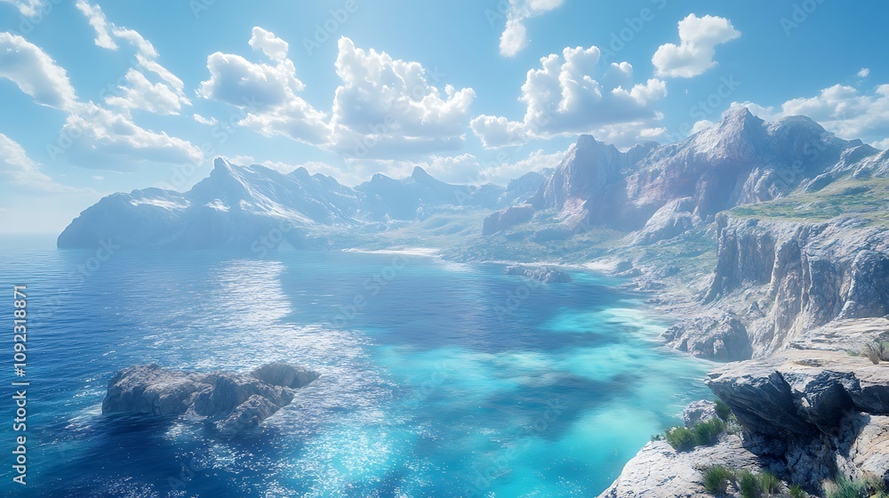 Wide-angle shot of the coastal landscape, with the azure sea sparkling under the sunlight. The rugged cliffs and mountains form a dramatic backdrop, under a sky filled with soft, scattered clouds, Wide-angle shot of the coastal landscape, with the azure sea sparkling under the sunlight. The rugged cliffs and mountains form a dramatic backdrop, under a sky filled with soft, scattered clouds,