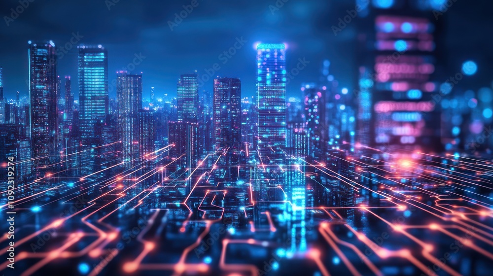 Obraz premium Futuristic Cityscape with Digital Network