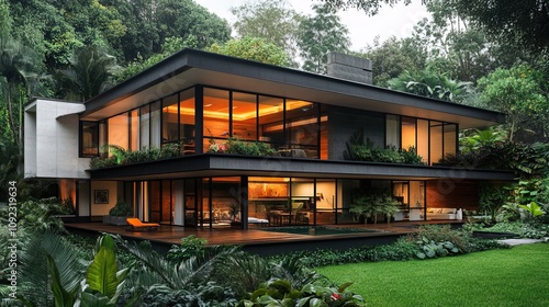 Modern home surrounded by lush greenery and garden