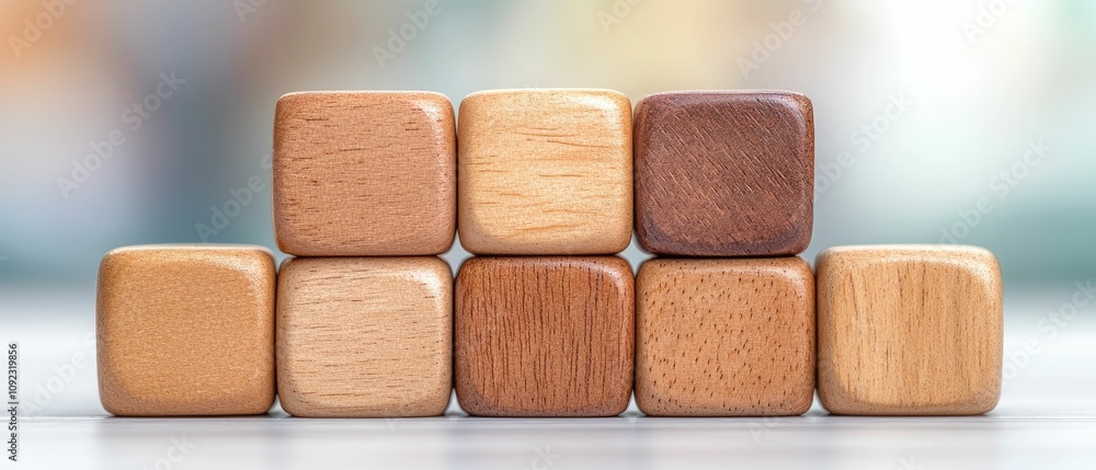Fototapeta premium Stacked wooden blocks of various shades, forming a step-like structure against a blurred background.