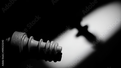 Dramatic black and white image of a fallen king chess piece, symbolic of defeat or strategy, with a stark shadow