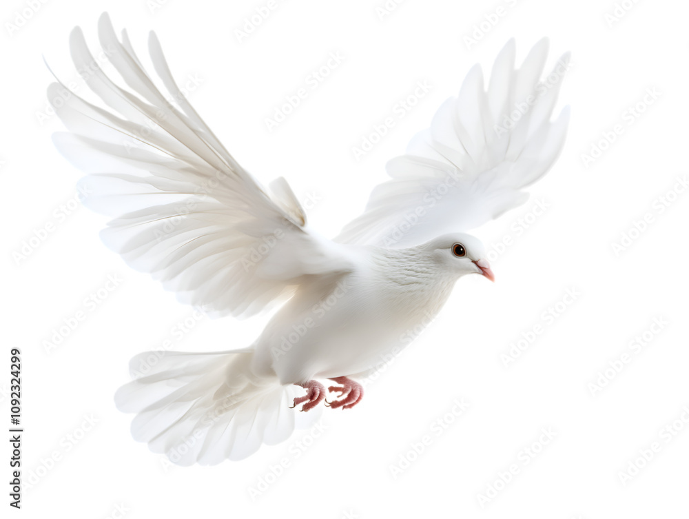 Obraz premium A white dove is flying isolated on white background. Suitable for marketing or business purposes. PNG file