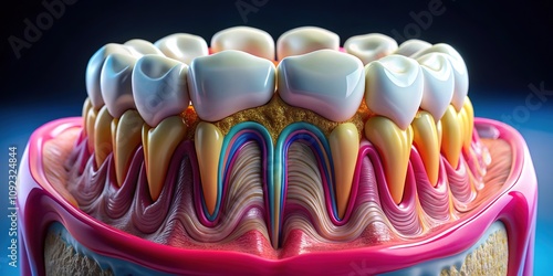 Incredible 8K resolution microscopic cross-section of a perfect tooth, showcasing flawless enamel and dentin alignment with remarkable detail and realism. photo