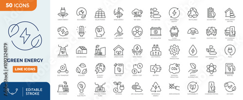 Green Energy line editable icon set. Collection of renewable energy, green technology, and more. Editable stroke. Vector illustration	