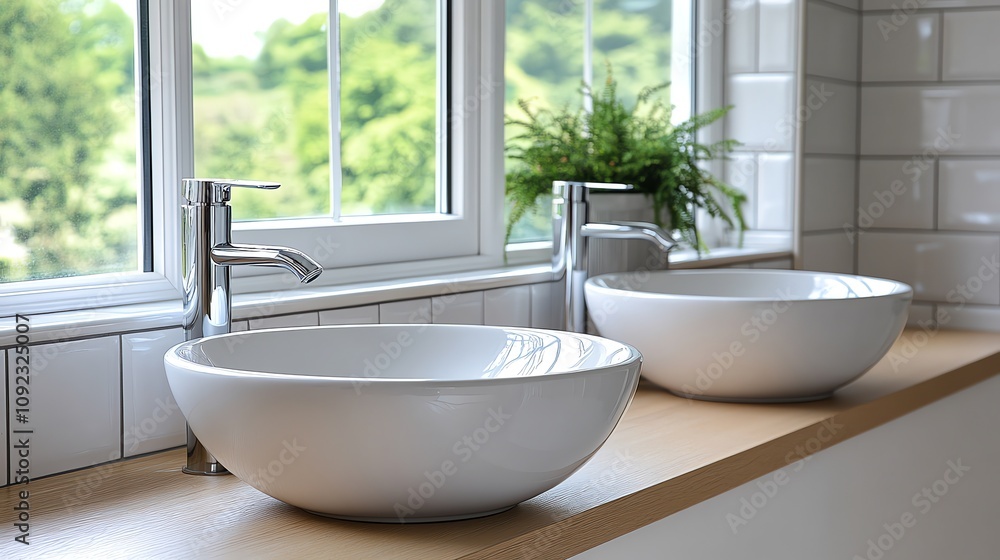 Two modern white vessel sinks with chrome faucets on a light wood counter, in front of a window with a green view. Two modern white vessel sinks with chrome faucets on a light wood counter, in front of a window with a green view.