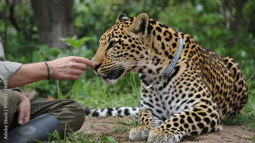 Obraz premium Leopard and Human Interaction in Nature