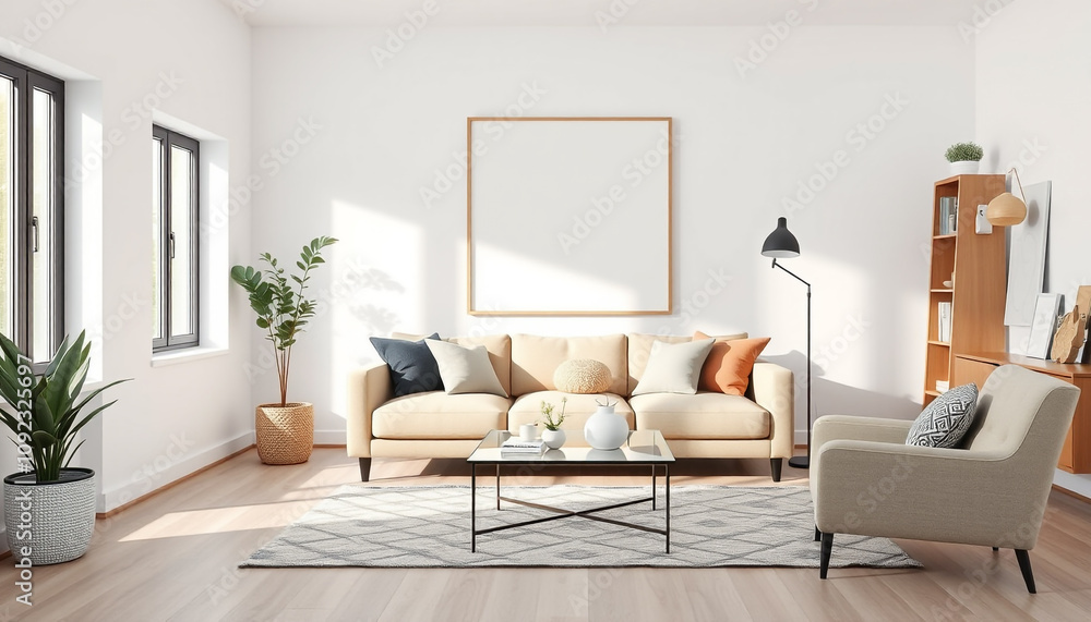 Fototapeta premium Modern Living Room with Cozy Sofa and Empty Blank Canvas in The Wall, Art Design Inspiration Concept.