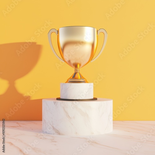 A golden trophy shining brightly on a marble pedestal, symbolizing excellence and hardearned success photo