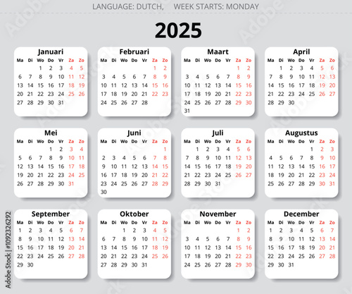 2025 dutch calendar. Vector illustration for Dutch. 12 months year