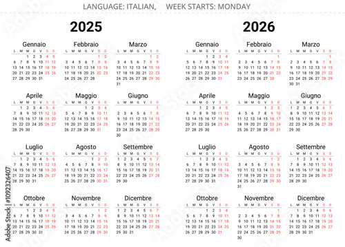 2025 and 2026 italian calendars (calendario italiano). Simple editable vector illustration year for Italy