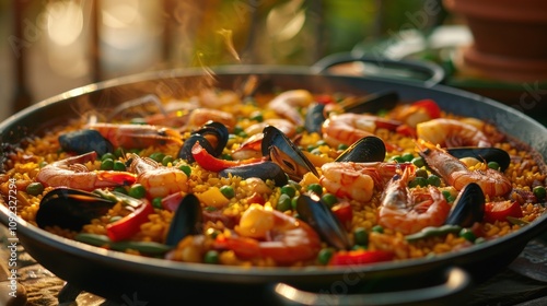 Fototapeta Naklejka Na Ścianę i Meble -  Steaming Spanish paella with seafood and vegetables.