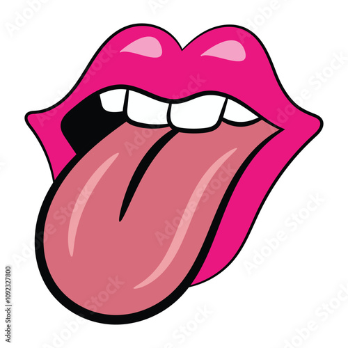 Bright pink lips white teeth and tongue cartoon vector illustration