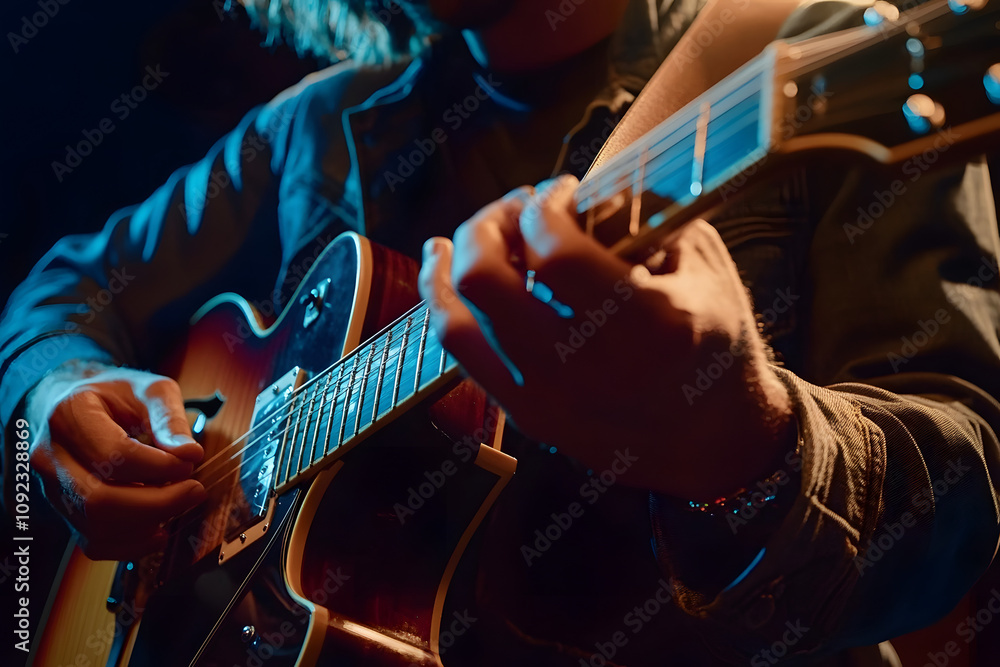 Obraz premium Professional Musician Showcasing Guitar Skills and Vocals. Live music entertainment concept