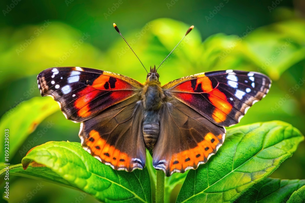 Fototapeta premium Stunning Red Admiral Butterfly on Lime Green Leaf with Closed Wings - Nature Beauty, Macro Photography, Insect Close-Up, Wildlife, Colorful Butterflies, Garden Flora, Spring Vibes