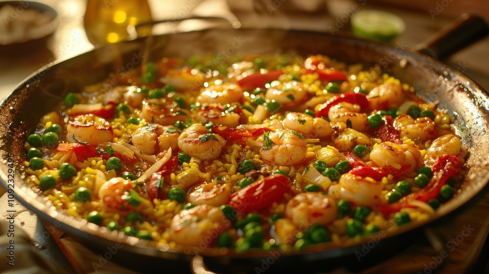 Paella with shrimp, peas, and tomatoes in a pan. Paella with shrimp, peas, and tomatoes in a pan.