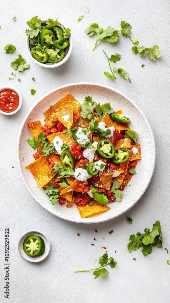 Delicious Mexican Chilaquiles with Salsa, Jalapeños, and Fresh Cilantro on a White Plate - Perfect for Breakfast or Brunch Delicious Mexican Chilaquiles with Salsa, Jalapeños, and Fresh Cilantro on a White Plate - Perfect for Breakfast or Brunch