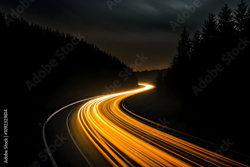 Long exposure of car lights on a winding road at night.