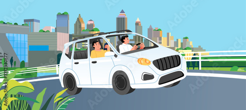 Man driving mvp car on road across suburb along cityscape buildings and hills meadown