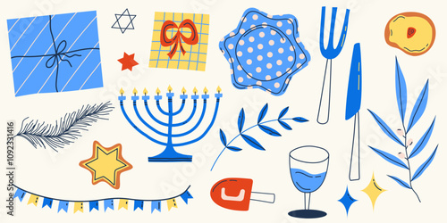 Hanukkah set elements for holiday. Candle, star and gift for happy hannukah. Vector illustration