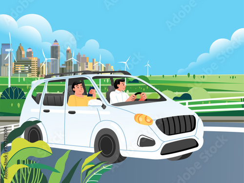 Man driving mvp car on road across suburb along cityscape buildings town and hills