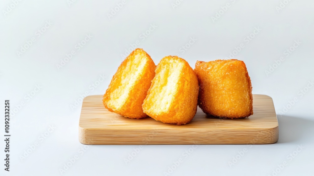 Golden Fried Pastry Slices on Wooden Board Against Minimalist White Background for Culinary and Food Photography Golden Fried Pastry Slices on Wooden Board Against Minimalist White Background for Culinary and Food Photography