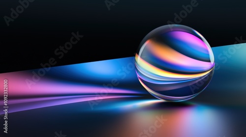 A radiant abstract iridescent sphere floating in a dark space, glowing with shifting rainbow colors photo