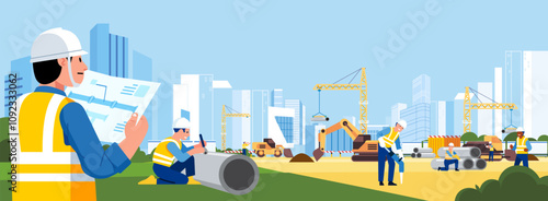 Engineers are supervising underground water pipe construction inspection and worker working on modern city
