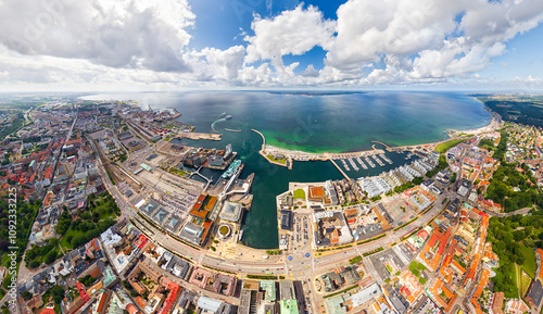 Helsingborg, Sweden. Panorama of the city in summer with port infrastructure. Oresund Strait. Aerial view photo