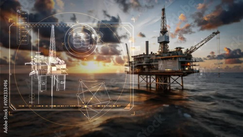 Futuristic hologram monitoring oil platform at sunset