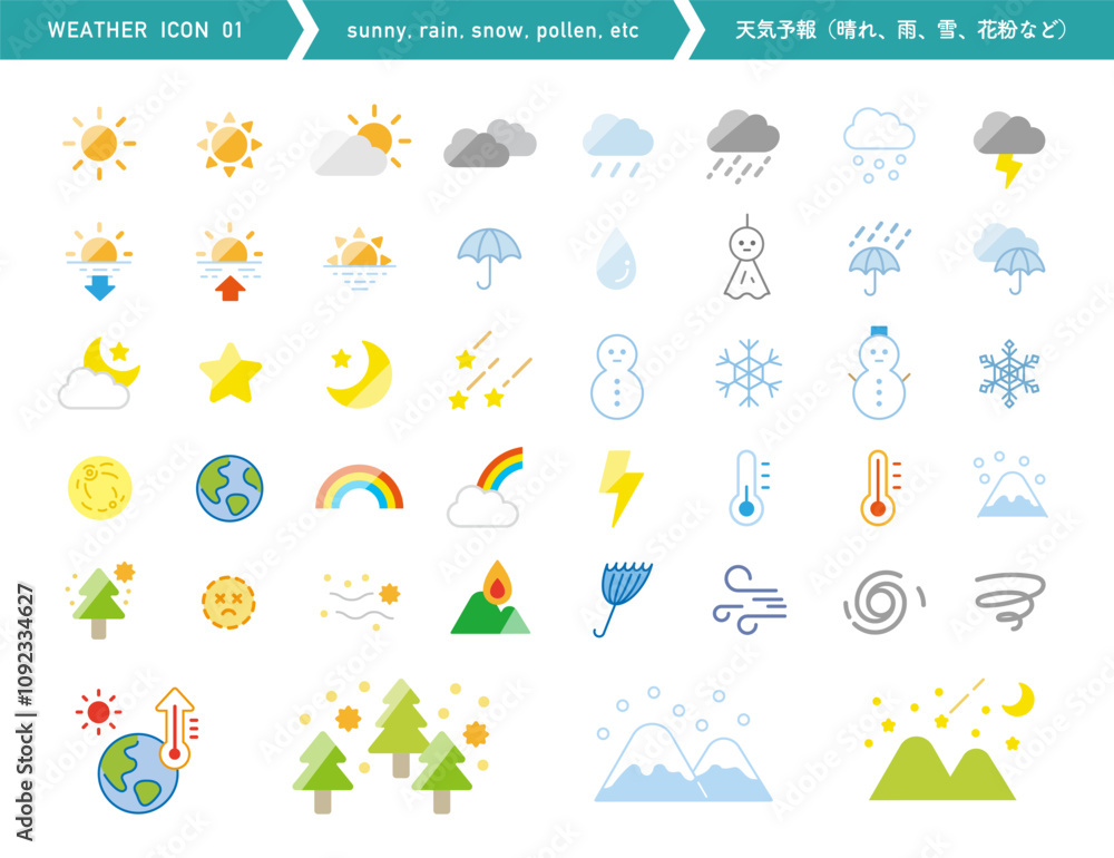 Naklejka premium 天気のアイコンイラスト。天気予報。晴れ、雲、雨、雪、花などの自然現象。カラー素材。