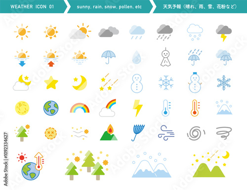 天気のアイコンイラスト。天気予報。晴れ、雲、雨、雪、花などの自然現象。カラー素材。